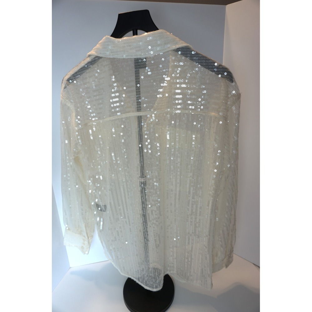 House of Harlow 1960 White Sequin Mesh Button Down Shirt Small Striped Party Top - Picture 3 of 7